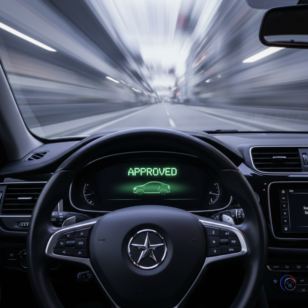 A close-up of a glossy black dashboard with a digital instrument cluster displaying a bright green “APPROVED” notification floating above a stylized car icon, symbolizing loan approval. The steering wheel features a subtle five-star emblem in brushed metal at its center. Outside the windshield, the environment is abstract and softly blurred, suggesting forward motion without distinct scenery. Soft, cool-toned ambient lighting from the dashboard screens illuminates the interior surfaces, creating a calm, high-tech atmosphere. Photographed from the driver’s perspective with a shallow depth of field, the approved message is crisp and prominent while the rest gently fades, emphasizing ease, clarity, and confidence in the auto loan process. Photographic realism with a clean, tech-forward aesthetic.