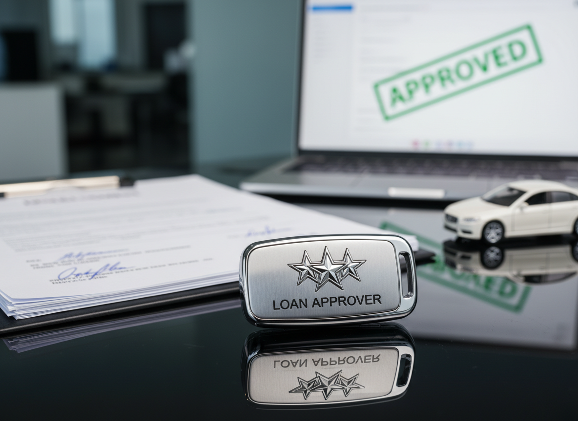 A gleaming metallic car key fob with a bold chrome five-star emblem and the words “Loan Approver” embossed in precise, dark lettering, resting on a glossy dealership-style desk. Behind it, slightly out of focus, sits a stack of neatly arranged auto loan documents, a sleek laptop displaying an approved stamp on a digital application, and a miniature model sedan in pearl white. Cool, even studio lighting creates gentle reflections on the chrome and smooth surfaces, giving a polished, professional look. Shot at eye level with a shallow depth of field, the composition centers the key fob while the background softly hints at streamlined auto financing. Photographic realism, clean and modern aesthetic, confident and trustworthy mood.