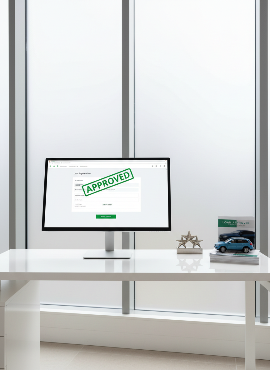An immaculate, bright office corner dedicated to auto loan approvals, featuring a modern white desk with a large, ultra-thin monitor displaying a clean interface showing a car loan application marked with a bold green “Approved” stamp. Next to the monitor sits a small metal five-star sculpture and a miniature die-cast SUV in metallic blue on a stack of neatly arranged brochures titled “Loan Approver Auto Loans.” Daylight streams in through a large frosted glass window, creating soft, diffused lighting and gentle shadows. Captured from a slightly elevated angle with balanced composition and sharp focus, the scene feels professional, organized, and reassuring, highlighting a smooth and transparent financing experience in a photographic realism style.
