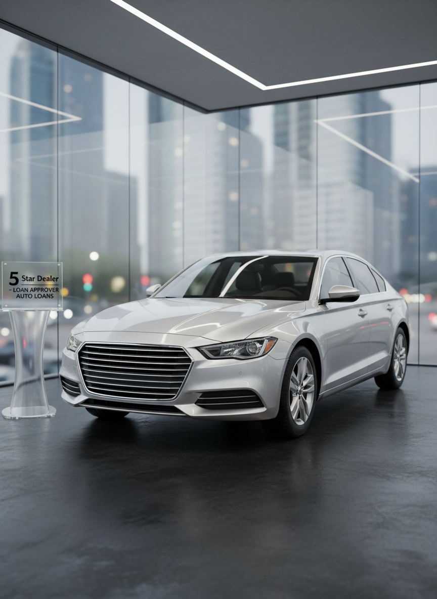 A pristine, late-model midsize sedan in metallic silver parked diagonally inside a minimalist, high-end showroom, surrounded by transparent glass walls with a blurred cityscape beyond. The vehicle’s surface is flawlessly polished, reflecting overhead linear LED lighting that casts crisp, controlled highlights along the body panels and chrome trim. On a nearby pedestal, a clear acrylic sign reads “5 Star Dealer – Loan Approver Auto Loans” in sharp, professional typography. The floor is smooth, dark polished concrete, subtly reflecting the car’s tires and undercarriage. Captured from a slightly low, three-quarter front angle with sharp focus throughout, the image conveys authority, reliability, and modern efficiency in photographic realism.